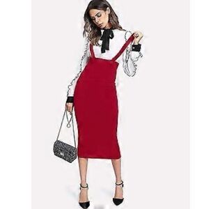 Milumia Red High Waisted Pencil Skirt w Adjustable/Removable Suspender Straps